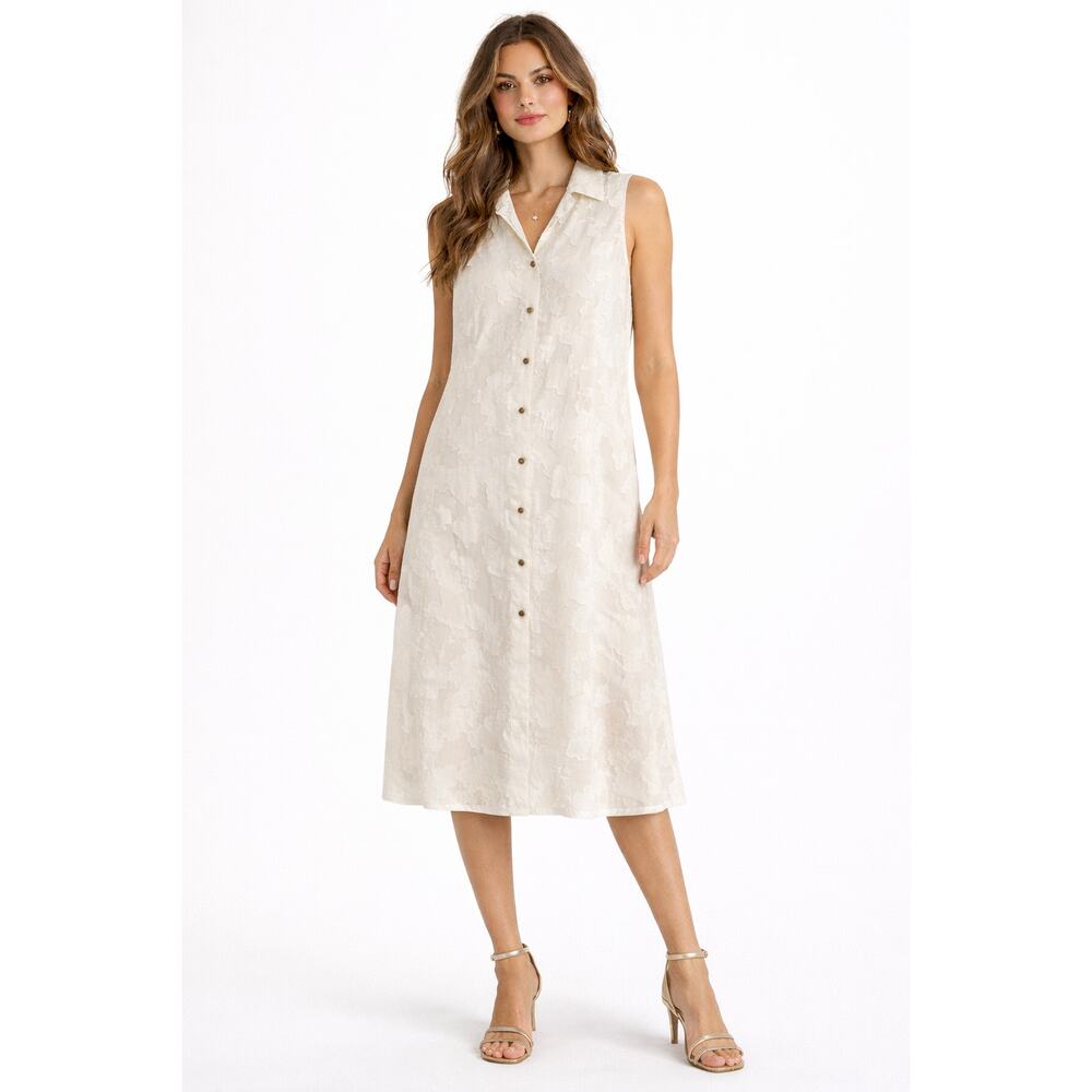 Tahari ASL White Mesh Floral Applique Dress Size 8 Sleeveless Button Front